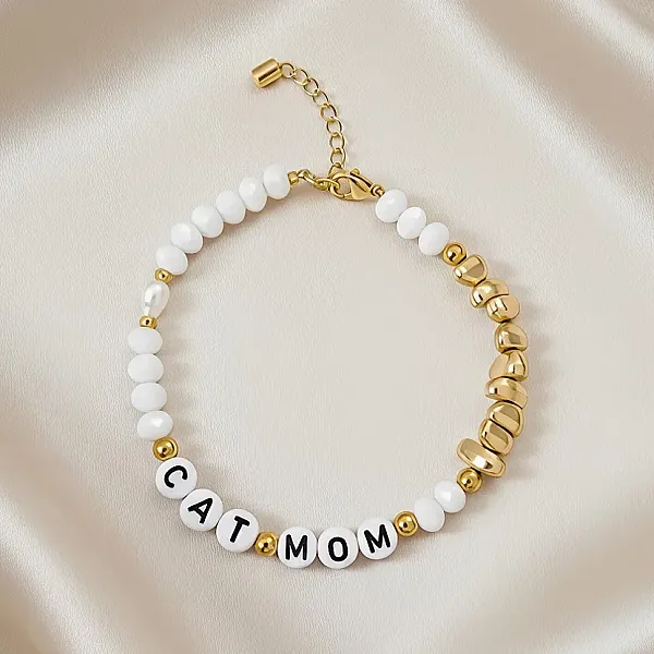 Βραχιόλι Cat Mom με Λευκά Κρύσταλλα Ατσάλι